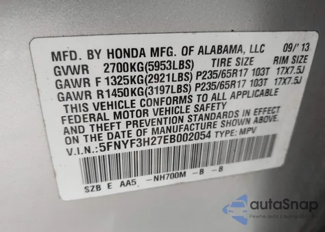2014 Honda Pilot Lx from USA, damaged, VIN 5FNYF3H27EB002054